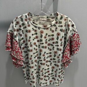 Alice + Olivia Floral Print Top with Ruffle Sleeves - Mint with Red/Pink flowers